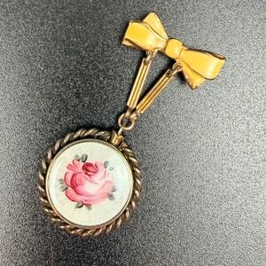Vintage Guilloche Enamel Rose Locket Brooch Yellow Bow Pin Gold Tone Floral